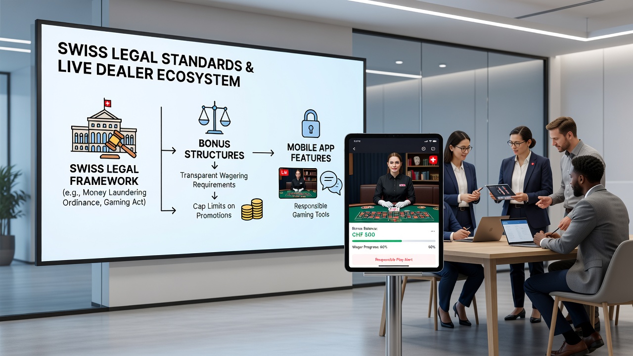 Mobile app screen for Swiss live dealer blackjack with regulatory features like session timers and bonus tracking displayed